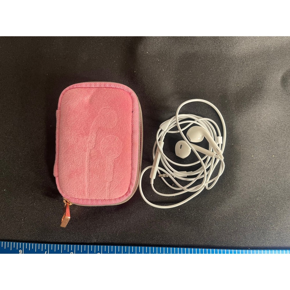 Apple 3.5mm Wired Headphones Set w/ Pink Velour Zippered Earbud‎ Case